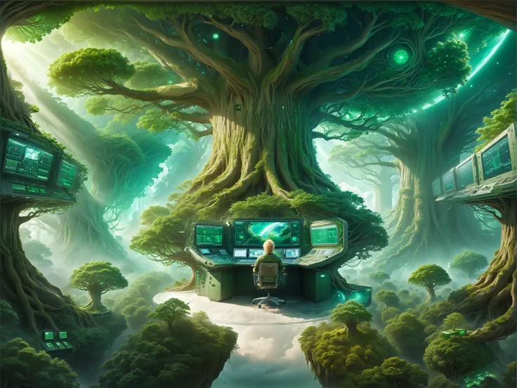 A hyper realistic digital illustration depicting a single blonde haired male individual in an open-air control room situated high in the branches of a massive Yggdrasil-like tree that is floating in space. The control room is designed to blend seamlessly with the lush green foliage, incorporating elements of magical green-tech. It features futuristic colored monitors and control panels that appear as natural extensions of the tree, enhancing the fusion of technology and nature. The individual stands at the control room, overseeing the vast magical green-tech world beneath them. The scene should convey a sense of advanced technology harmoniously integrated with the natural environment, creating a unique and awe-inspiring setting of someone in space overseeing the world below.