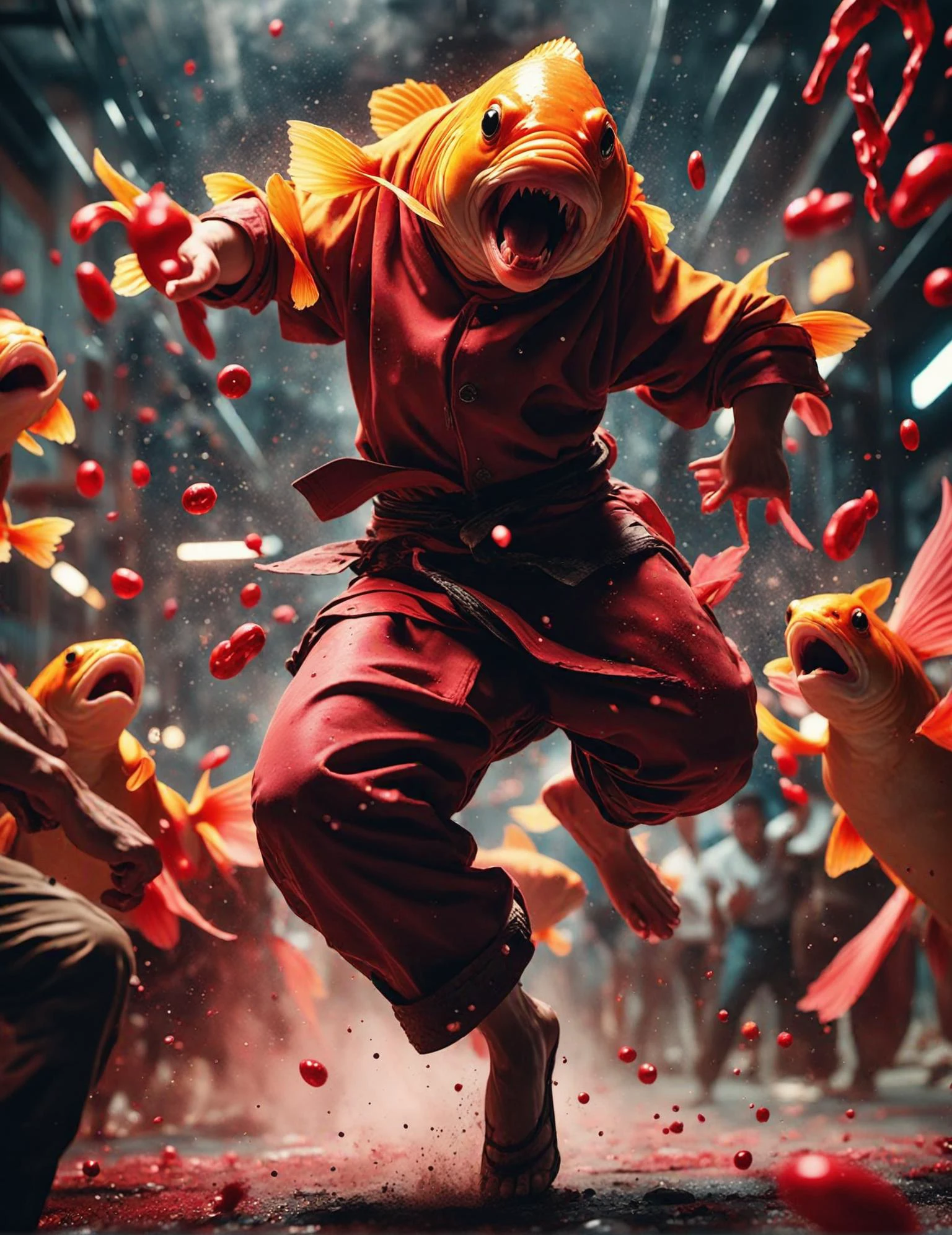Medium format film illustration, (Brutal combat scene:1.3), Centered chaos composition, Bloody impacts, Threatening stances, (Flying crimson droplets:1.2), Excited spectators, Aggressive tension, Raw excitement, (Dramatic illumination:1.2), Visually dramatic poses, Captured with a Pentax 67, 105mm f/2.4 lens, High contrast, Enthralling intensity <lora:Humanizer XL:1> (hmnzct Goldfish:1.3)
