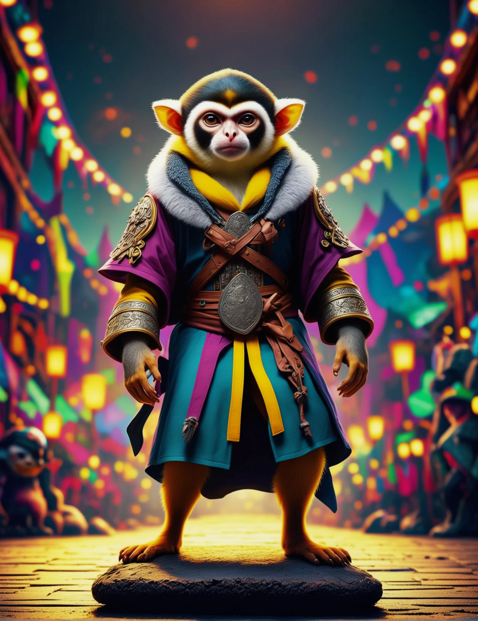 Wide angle Brocore illustration, (Solo figure in Viking Warrior Costume:1.3), Off-center composition, Standing pose, (Long-sleeved attire:1.2), Deserted Carnivals at Dawn setting, Artistic whisker details, Casual yet captivating.<lora:Humanizer XL:1>(hmnzct Squirrel Monkey:1.3),