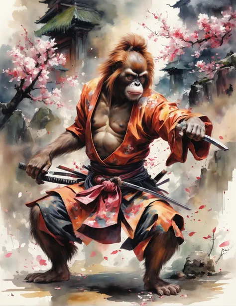 Wide angle watercolor painting, (Samurai hmnzct Bornean Orang-utan severing rival's head:1.3), Dynamic composition, Swift blade movement, Spurting blood, (Detailed expression:1.2), Traditional ornate katana, Intense battle scene, Ancient ambiance, Cherry blossom petals swirling, (Soft lantern light:1.2), Masterful brushstrokes, Authentic color palette, Historical drama  <lora:Humanizer XL:1>