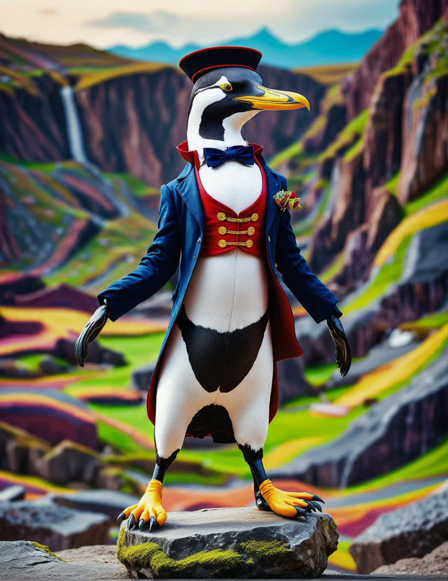 Wide angle photorealistic raw photography, (Solo figure in Circus Ringmaster Outfit:1.3), Off-center composition, Standing pose, (Long-sleeved attire:1.2), Old Monasteries on Hilltops setting, Artistic whisker details, Casual yet captivating.<lora:Human Cat XL-09:1>(hmnzct Yellow-Eyed Penguin:1.3),