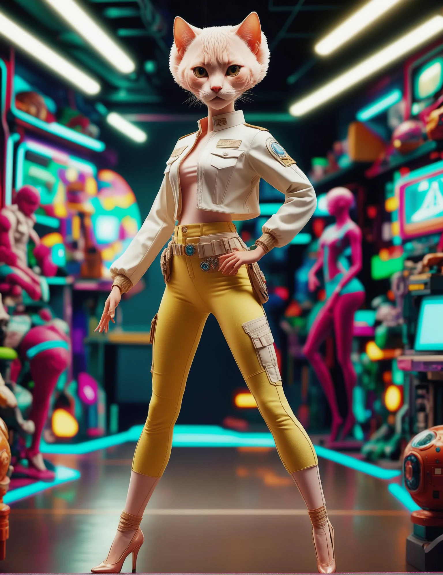 Wide angle Barbiecore illustration, (Solo figure in Retro Sci-Fi Space Cadet Uniform:1.3), Off-center composition, Standing pose, (Long-sleeved attire:1.2), Ballet Studios setting, Artistic whisker details, Casual yet captivating.<lora:Humanizer XL:1>(hmnzct Doedicurus:1.3),