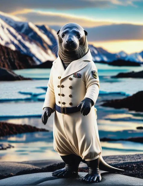 Wide angle photorealistic raw photography, (Solo figure in Classic Nautical Sailor Suit:1.3), Off-center composition, Standing pose, (Long-sleeved attire:1.2), Frozen Lakes setting, Artistic whisker details, Casual yet captivating.<lora:Human Cat XL-09:1>(hmnzct Elephant Seal:1.3),