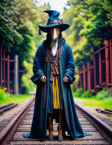 Wide angle photorealistic raw photography, (Solo figure in Wizard Robes and Hat:1.3), Off-center composition, Standing pose, Blue denim pants, furr, (Long-sleeved attire:1.2), Overgrown Railroad Tracks setting, Artistic whisker details, Casual yet captivating.<lora:Human Cat XL-09:1>(hmnzct horse:1.3),