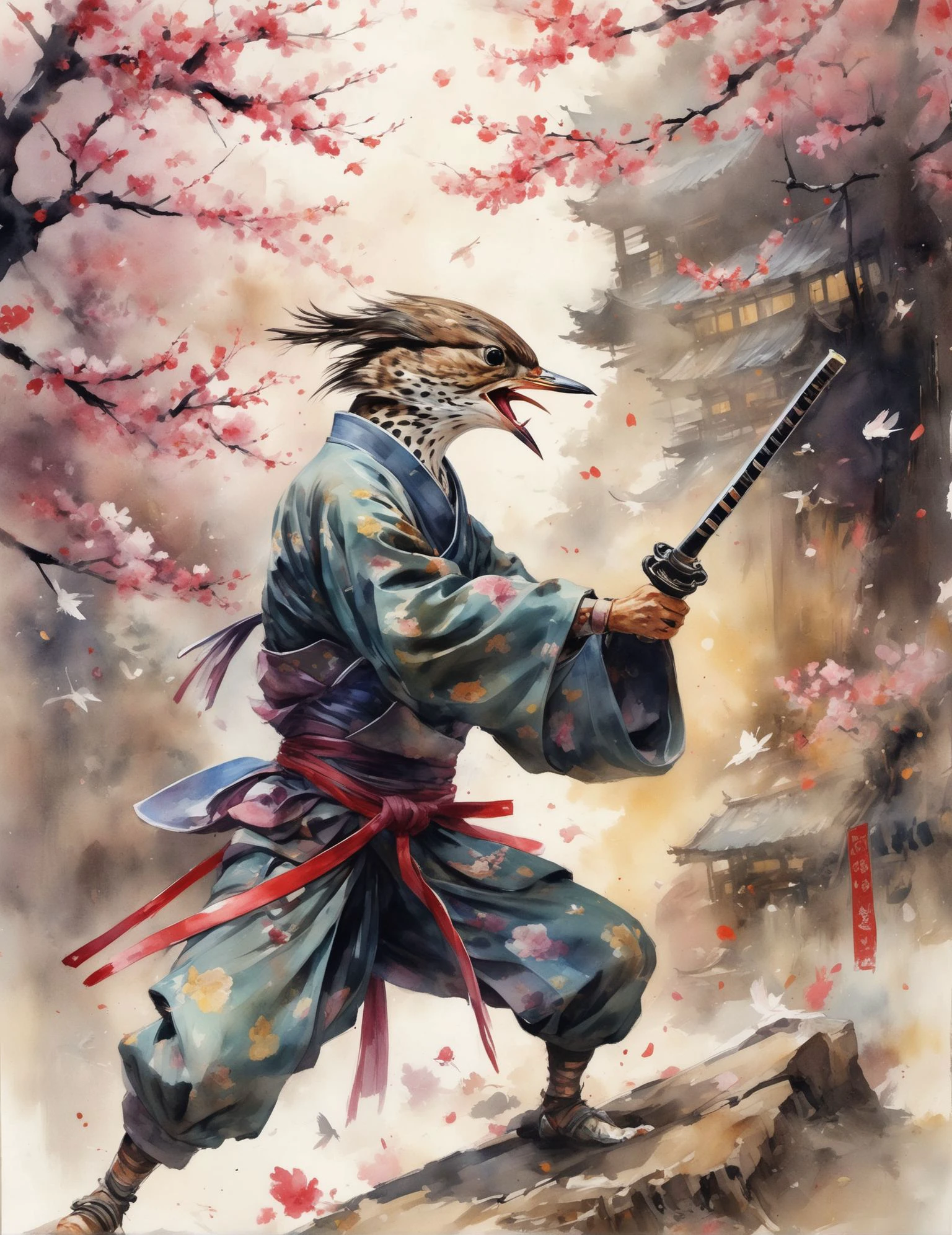 Wide angle watercolor painting, (Samurai hmnzct Song Thrush severing rival's head:1.3), Dynamic composition, Swift blade movement, Spurting blood, (Detailed expression:1.2), Traditional ornate katana, Intense battle scene, Ancient ambiance, Cherry blossom petals swirling, (Soft lantern light:1.2), Masterful brushstrokes, Authentic color palette, Historical drama <lora:Humanizer XL:1>