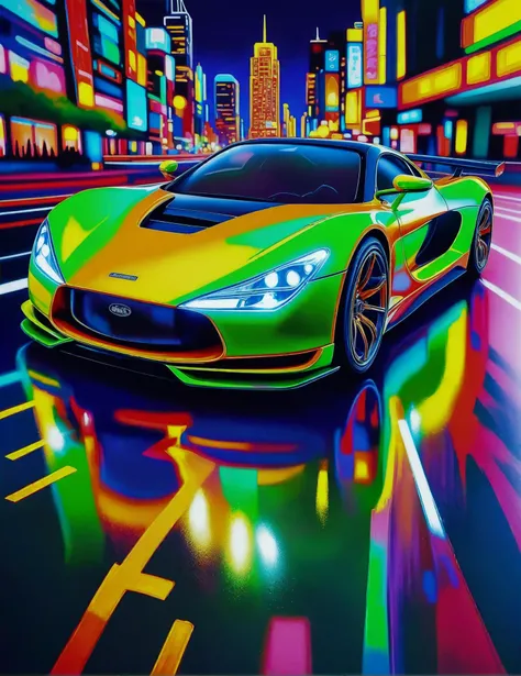 Portrait oil painting, (FBPZ sport car:1.3), Symmetrical composition, Streamlined profile, (Futuristic elegance:1.2), Shiny metallic surface, Sculpted contours, Low-slung chassis, (City skyline backdrop:1.2), Gleaming headlights, Aerodynamic spoiler, Dynamic angles, Vivid reflections, Captured with Gamblin oils on canvas, Realistic details, Luminous highlights, Energy and speed, <lora:Biolumi XL:1>