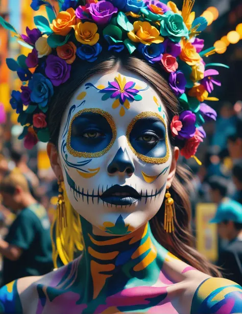 masterpiece of photorealism, photorealistic highly detailed 8k photography, best cinematic quality, volumetric lighting and shadows, young woman in ktrmkp face paint, spectacular_female_bodyshape__, __Backgrounds__ full of busy people, __spectacular_shots__ <lora:Katrina XL - 18:1>