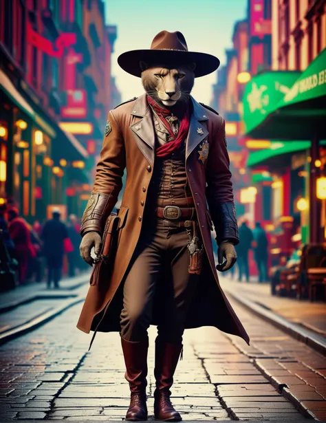 Wide angle photorealistic raw photography, (Solo figure in Sheriff Wild West Badge:1.3), Off-center composition, Standing pose, (Long-sleeved attire:1.2), Historic Trams in European Cities setting, Artistic whisker details, Casual yet captivating.<lora:Human Cat XL-09:1>(hmnzct Sarkastodon:1.3),