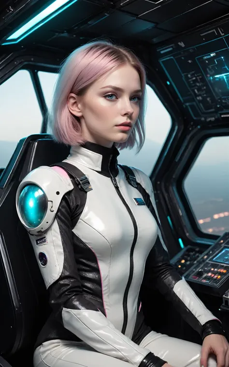 (over the shoulder:1.1), (movie still:1.1), side view, (spaceship cockpit:1.1), (beautiful young skinny caucasian adult woman sitting in spaceship cockpit looking over shoulder at viewer:1.2), glowing holographic instruments, (beautiful face:1.11), from behind, smart fabric flightsuit:1.1, lightweight structured jacket with sharp geometric lines, utility belt, knee-high boots, fingerless gloves, (large spaceship cockpit with highly polished flooring and stellar view), backlit hair, perfect face, feminine physique, (pale freckles:0.6), (black and silver accents), perfect eyes, (studio lighting:0.3), low key, joystick++, thin pouting lips, (white++ bob hair, ombre tips:1.2), wide set soft+ turquoise++ eyes, skin pores, (small retrousse nose:1.2), (pale skin), supernova, ultra detailed, (Intricate Environment)++, best quality, masterpiece, dramatic angle, highest detailed face, eyelid shimmer makeup, silver eyeshadow, iridescent cheekbones, muted rose lips, deep space blue, (volumetric lighting:1.1), (available light:0.7),BREAK, starlight silver, nebula pink, black hole black, planetary rings, asteroid clusters, geometric shapes, angular contours, Holographic control panels, chiaroscuro effects, reflective surfaces, star-filled skies, distant galaxies, shimmering surfaces, iridescent sci-fi materials, clean lines, modernistic details, 8k, best quality, masterpiece