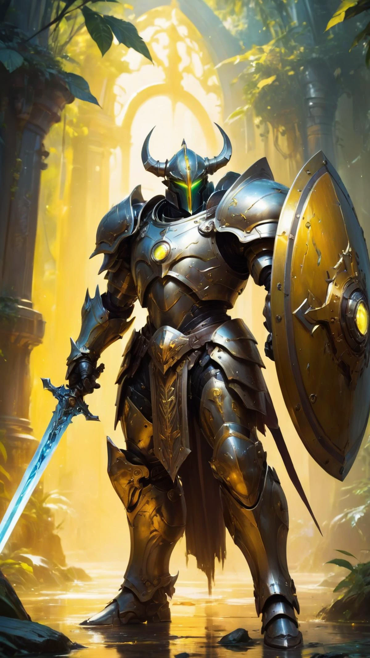 full body, attack position abstract painting in lush fantasy environment of a ornate holy mechanical warforged with circular glowing eye, character in yellow armor holding a legendary paladin engraved holy great longsword and carrying a huge heavy paladin shield, vertically flat head, face in focus, epic, trending on ArtStation, masterpiece, cinematic lighting, by Ross Tran, by Delphin Enjolras, by Ruan Jia, by Greg Rutkowski