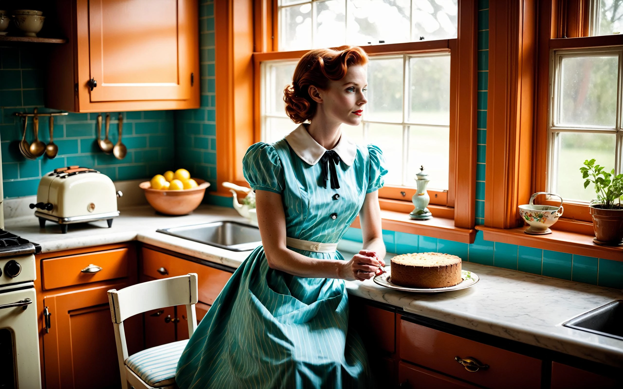 (style of Hasselblad,cinematic photoshoot,1.3),photo of early twenties woman sitting++ in kitchen from the side head turned look at window,available light,classic black Mary Jane shoes,classic 1950's style kitchen,authentic time period details,vintage American home,nostalgic ambiance,housewife character,seated on an undersized chair,gazing thoughtfully out the window,embodying a melancholy mood. Outfit: elegant aqua dress with crisp white collar and trim,period-accurate style,auburn hair styled in a typical 1950s fashion,ginger feature,thoughtful expression,wearing white apron++. Kitchen setting: oven,stove,vibrant fiesta orange cabinets,chrome handles and formica countertops,intage rotary phone,window blinds casting striped shadows,window,potted plant,toaster oven,hanging kitchen utensils,smooth lighting,