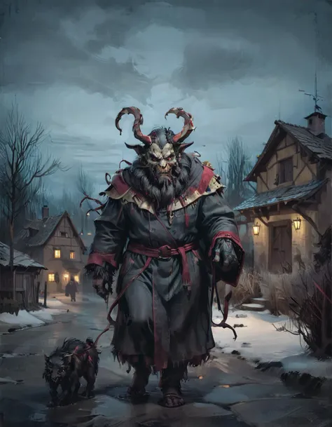 a traditional Krampus wearing a robe made of furs, on a cold night, stalking a medieval village, gothic horror styling, low color use <lora:ssta:1>