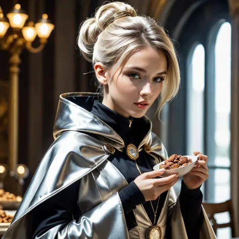 dynamic pose, art by Domenichino, Smug, girl eating pecans, Platinum hair, Clockwork Chignon hairstyle, Retrofuturistic Cloak, waning light, 50mm