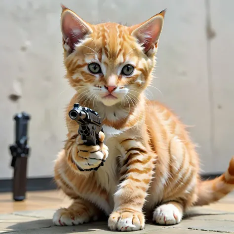 gunatyou, a kitten, masterpiece, high resolution, octance 4k, high detail, pistol <lora:GUNATYOU_XL:0.3> , no hand, look at camera, seen from the front, Cat Paw ,