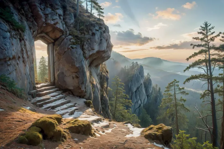 Hyperrealistic art professional photo, scenery, path through cliffs up to hill to rock window, forest, (dramatic sky, journal cover shot, natural colors, correct white balance, color correction, dehaze,clarity), . Extremely high-resolution details, photographic, realism pushed to extreme, fine texture, incredibly lifelike <lora:When_autumn_meets_winter_XL:1>