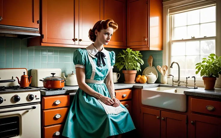 (full body, wide angle, style of Hasselblad,cinematic establishing shot:1.3),photo of early twenties woman sitting++ in kitchen from the side head turned look at window,available light,classic black Mary Jane shoes,classic 1950's style kitchen,authentic time period details,vintage American home,nostalgic ambiance,housewife character,seated on an undersized chair,gazing thoughtfully out the window,embodying a melancholy mood. Outfit: elegant aqua dress with crisp white collar and trim,period-accurate style,auburn hair styled in a typical 1950s fashion,ginger feature,thoughtful expression,wearing white apron++. Kitchen setting: oven,stove,(vibrant reddish orange cabinets),chrome handles and formica countertops,intage rotary phone,window blinds casting striped shadows,potted plant,toaster oven,hanging kitchen utensils,smooth lighting,