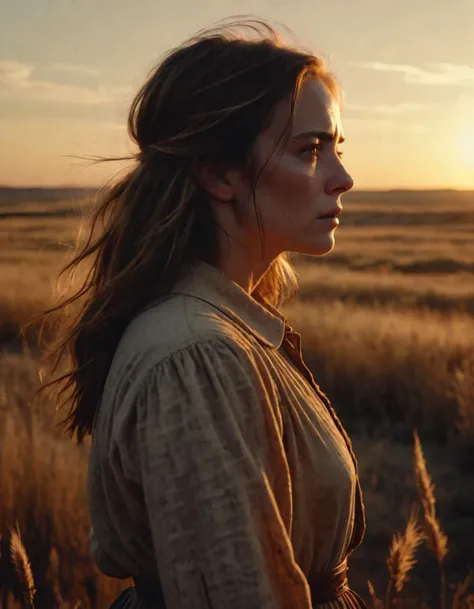 cinematic film still of a woman in a prairie looking at the dusk, golden hour, highly detailed, high budget hollywood movie, cinemascope, moody, epic, gorgeous, film grain, grainy