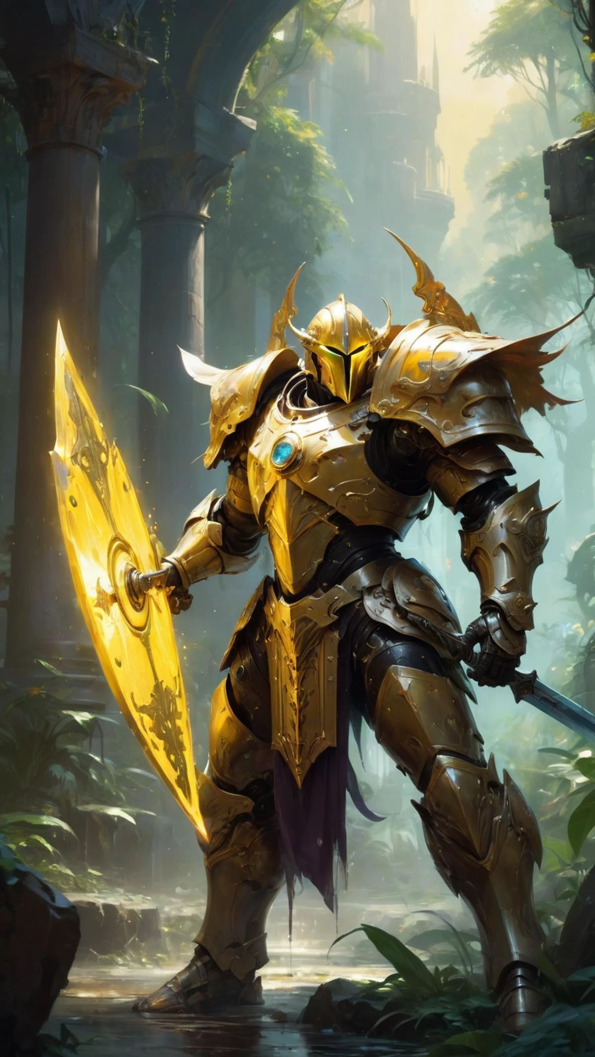 full body, attack position abstract painting in lush fantasy environment of a ornate holy mechanical warforged with circular glowing eye, character in yellow armor holding a legendary paladin engraved holy great longsword and carrying a huge heavy paladin shield, vertically flat head, face in focus, epic, trending on ArtStation, masterpiece, cinematic lighting, by Ross Tran, by Delphin Enjolras, by Ruan Jia, by Greg Rutkowski