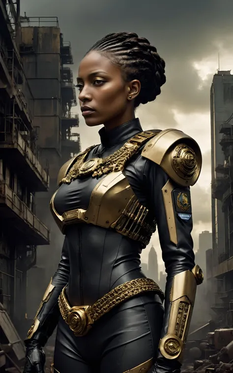 (style of Annie Leibovitz),(intense dramatic lighting),((dark-skinned woman in sci-fi military-style uniform standing in front of mechatank)),sharp angles,embellished with intricate gold braiding and medals,commanding posture,(dystopian cityscape in the background),ominous clouds,deep shadows,sense of urgency and power