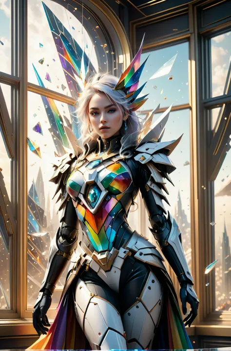 highly detailed photo of 8k ultra realistic corrupted rainbow humanoid queen standing next to a spaceship window overlooking earth, swarm of transparent glass shards, D&D, fantasy, cinematic lighting, highly detailed, in the style of Delaunay, artstation, concept art, smooth, sharp focus, illustration, warm light, cozy warm tint, magic the gathering artwork, volumetric lighting, 8k, no gold, no gold colours, art by Akihiko Yoshida, Greg Rutkowski