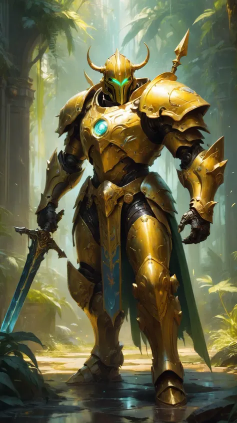 full body, attack position abstract painting in lush fantasy environment of a ornate holy mechanical warforged with circular glowing eye, character in yellow armor holding a legendary paladin engraved holy great longsword and carrying a huge heavy paladin shield, vertically flat head, face in focus, epic, trending on ArtStation, masterpiece,  cinematic lighting, by Ross Tran, by Delphin Enjolras, by Ruan Jia, by Greg Rutkowski