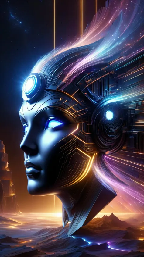 (upper body portrait), symmetry!! <lora:DonMW15pXL:1> DonMW15pXL, the head of an egyptian god of technology, solid cube of light, hard edges, product render retro - futuristic poster scifi, lasers and neon circuits, brown skin egyptian god in the style of jean giraud, yoshitaka amano, hiroshi yoshida, moebius, greg rutkowski, xiang duan, thomas kinkade, krenz cushart, stanley artgerm lau, wlop, rossdraws, concept art, cinematic lighting, hyper realism, high detail, octane render, 8 k,