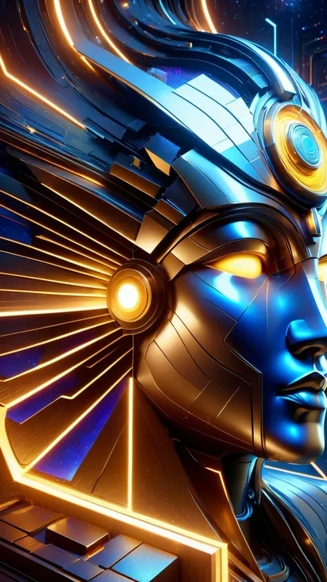 (upper body portrait), symmetry!! <lora:DonMW15pXL:1> DonMW15pXL, the head of an egyptian god of technology, solid cube of light, hard edges, product render retro - futuristic poster scifi, lasers and neon circuits, brown skin egyptian god in the style of jean giraud, yoshitaka amano, hiroshi yoshida, moebius, greg rutkowski, xiang duan, thomas kinkade, krenz cushart, stanley artgerm lau, wlop, rossdraws, concept art, cinematic lighting, hyper realism, high detail, octane render, 8 k,