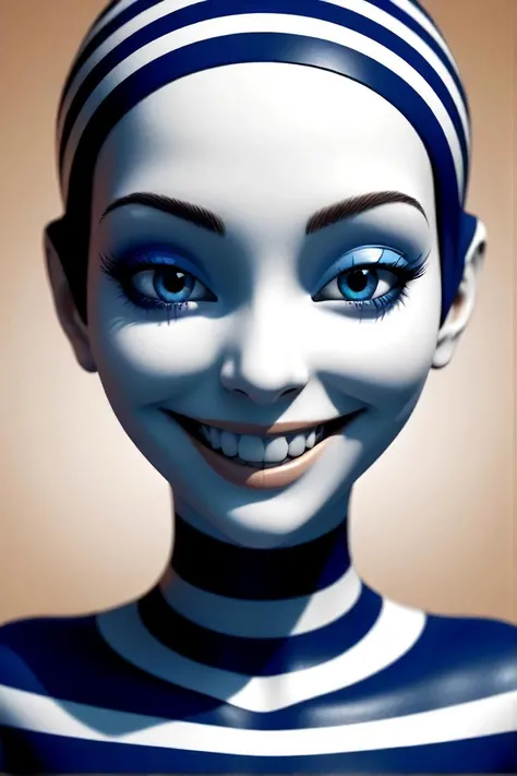 an animated face with a strange grin, the background is blue, in the style of horizontal stripes, daz3d, full body, dark beige and white, storybook illustrations, infrared, figura serpentinata