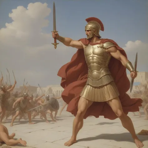 Grecian marble statue, nubile male hoplite warrior wielding his spear, action pose
