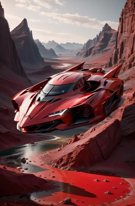 masterpiece, photorealistic highly detailed 8k photography, best cinematic quality, volumetric lighting and shadows, sharp intricate details, <lora:SpaceCraft_XL-000005:1> Massive symmetric Scarlet Red spcrft, stunning landscape background, Medium shot