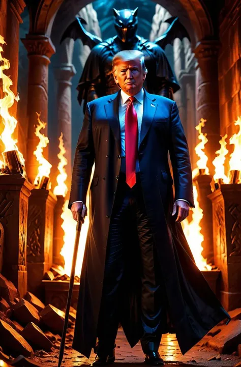 masterpiece, photorealistic highly detailed 8k photography, best cinematic quality, volumetric lighting and shadows, sharp intricate details, <lora:hadesarmorXL:1> Donald Trump in reflective hdsrmr, (dynamic pose:1.2), Haunted Catacombs with Flickering Torches background