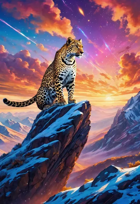 In paper skies, it left its mark, A trail of wonder, a spark in the dark, For in its fragile, crumpled form, Lies the beauty of a dream reborn,( two leopards:1.1),( tessellation:1.6) , on the side of a mountain, ((masterpiece, high quality, best quality, 8k, wallpaper, fine lineart, highly detailed, absurdres)), cinematic photo magical style, art style hyperrealistic,vivid colors, intricate details, realistic style, oil paintings, acrylic paintings, watercolor paintings, digital illustrations, mixed media pieces, sculptures casting shadows, cosmic sky, photorealistic, extreme detail,lifelike,crisp,precise. natural materials,outdoor,detailed blend of organic and magical elements,futuristic,legendary,detailed,intricate,skin texture,film,bokeh,professional,4k,highly detailed, in the style of art, colorful, phone wallpaper,