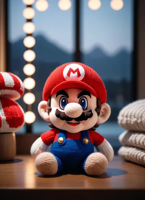 Realistic 8K raw photography, (Chibi Mario plush toy:1.2), Symmetrical framing, Precise knitting, Cheerful expression, (Iconic red cap:1.3), Miniaturized features, Knitted details, Indoor scenery, Playful atmosphere, Warm lighting, Shot with a Canon EOS R5, 50mm f/1.8 lens, Crisp focus, Detailed textures