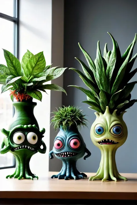 there are three vases with plants in them on a table, magical garden plant creatures, monsters, plant monster, monster statues, coronavirus creatures!, a plant monster, scary monster statues, alien plants and animals, alien plants, monster, coronavirus creatures, creepy creatures everywhere, lots of weird alien plants, furry friendly monster