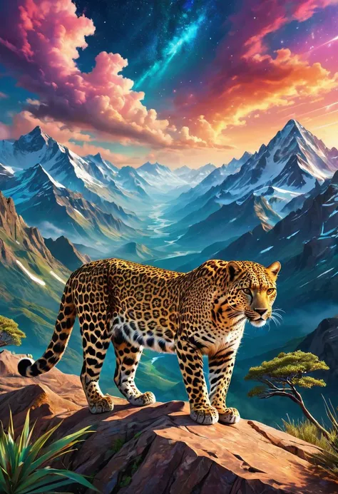 In paper skies, it left its mark, A trail of wonder, a spark in the dark, For in its fragile, crumpled form, Lies the beauty of a dream reborn,( two leopards:1.1),( tessellation:1.6) , on the side of a mountain, ((masterpiece, high quality, best quality, 8k, wallpaper, fine lineart, highly detailed, absurdres)), cinematic photo magical style, art style hyperrealistic,vivid colors, intricate details, realistic style, oil paintings, acrylic paintings, watercolor paintings, digital illustrations, mixed media pieces, sculptures casting shadows, cosmic sky, photorealistic, extreme detail,lifelike,crisp,precise. natural materials,outdoor,detailed blend of organic and magical elements,futuristic,legendary,detailed,intricate,skin texture,film,bokeh,professional,4k,highly detailed, in the style of art, colorful, phone wallpaper,