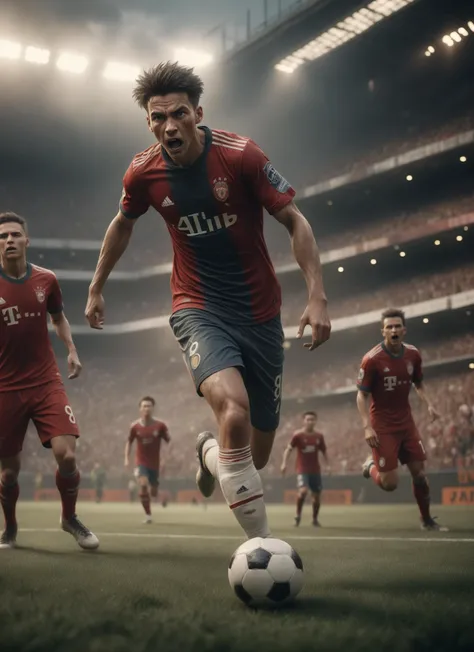Realistic 8k raw photography, Wide angle digital art, (Intense soccer match:1.3), Dynamic composition, Skilled dribbling, Powerful kicks, (Fierce competition:1.2), Dusty field, Roaring crowd, Dramatic lighting, Captured with realistic details, Trending on ArtStation