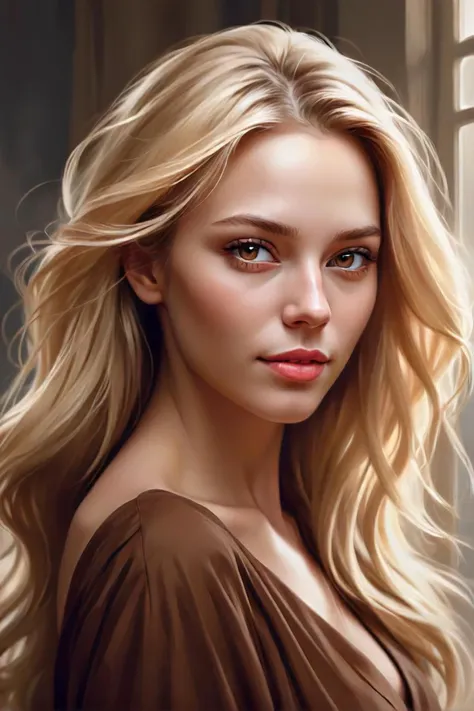 a painting of a woman with long blonde hair and a brown dress, gorgeous digital painting, beautiful digital painting, highly detailed digital painting, a woman with blonde hair, oil painting of realistic woman, ultradetailed digital painting, very detailed digital painting, digital painting highly detailed, portrait of beautiful woman with distinct, wide set eyes and high cheekbones. joy, beautiful digital illustration, elegant digital painting, beautiful character painting