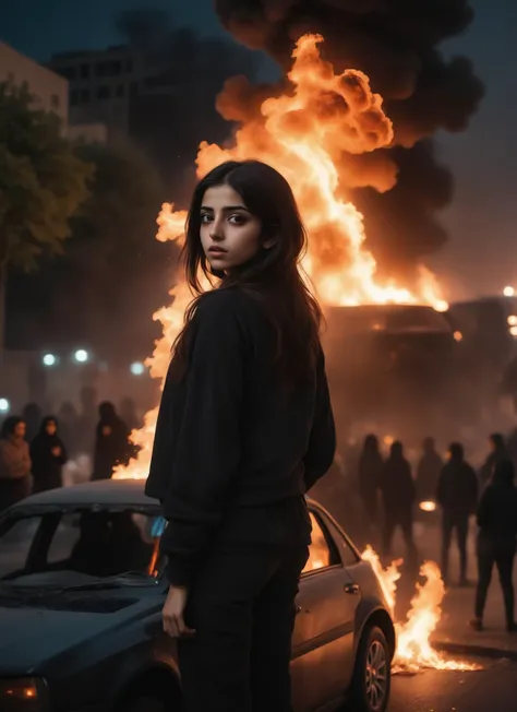 dark aesthetic photo, an Iranian girl amidst a chaotic street protest in Tehran, The scene is filled with tension and unrest, as flames from fire flares illuminate the night sky in the background. Standing boldly on the roof of a car.