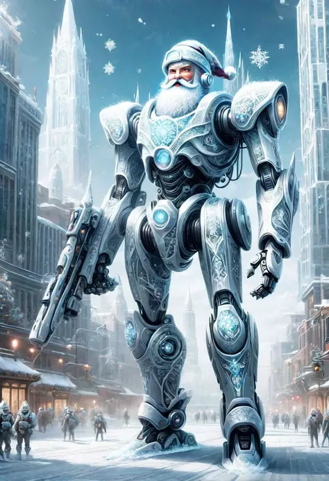 full body, AI Santa Overlords, invading a city, army of robot elfs in background, FrostedStyle