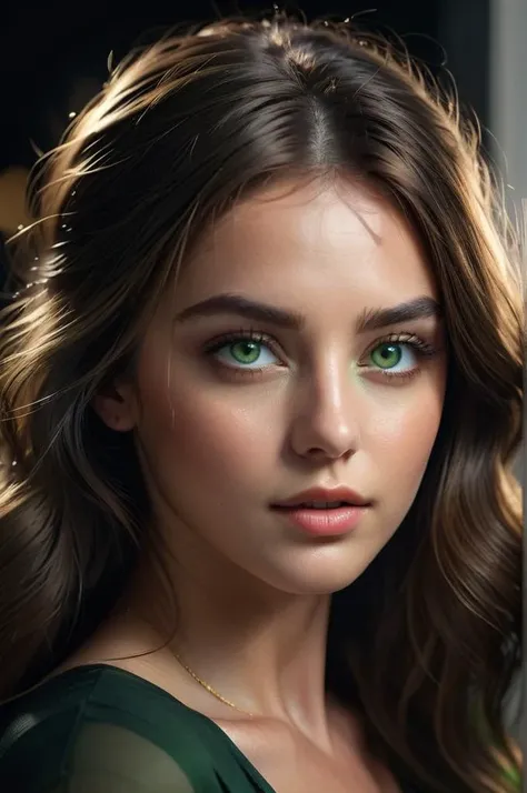 photorealistic highly detailed 8k photo of a young woman with green eyes, masterpiece, best cinematic quality, volumetric lighting, volumetric shadows, yeux dans le noir