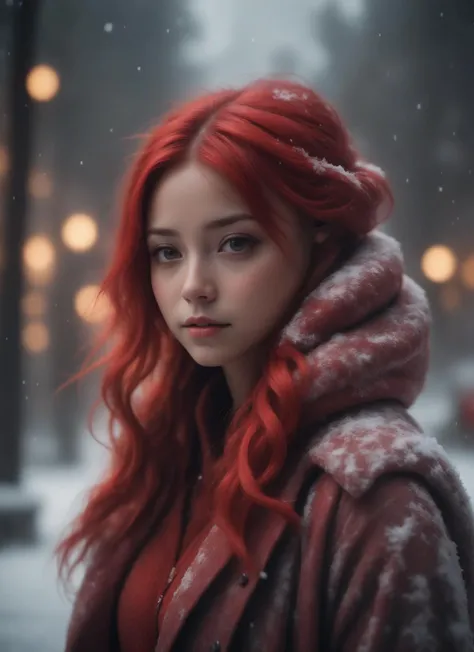 A beautiful red girl, beautiful, moody lighting, best quality, full body portrait, real picture, intricate details, depth of field, in a cold snowstorm, Fujifilm XT3, outdoors, bright day, Beautiful lighting, RAW photo, 8k uhd, film grain, unreal engine 5