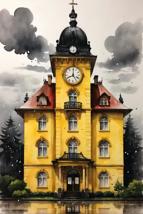 painting of a large yellow building with a clock in front of it, president of belorussia, lunatic asylum, stuido ghibli, johannen voss, just after rain, 2019, vermilion, hotel, ( ( emma lindstrom ) ), turrets, black watercolour, restored painting, 2006