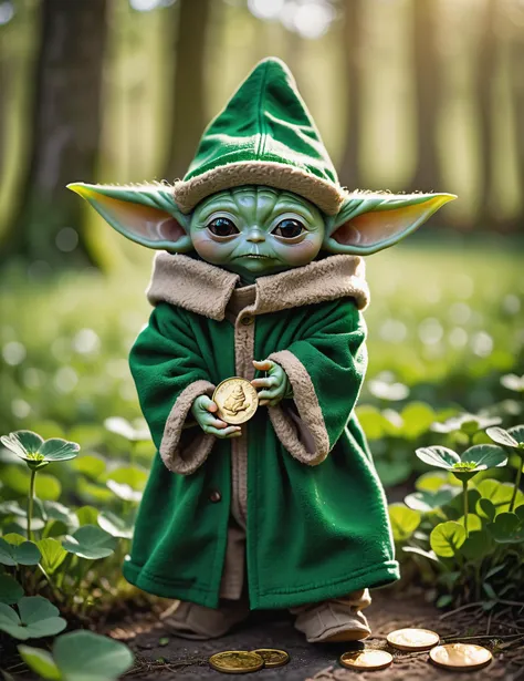 Medium format raw photography, (e Babda:1.3), Rule of thirds composition, Adorable Whimsical Irish leprechaun garb, (Inquisitive eyes:1.2), Miniature hat detail, Green robe accents, Tall leprechaun hat, Charming demeanor, Cozy atmosphere, (Gentle natural light:1.2), Joyful expression, Quaint outfit, (Glimmering gold coins:1.2), Lush clover field, Mischievous gesture, Magical aura, (Lush forest backdrop:1.2), Captured with a Fujifilm GFX 100, GF63mm f/2.8 lens, Natural lighting, Vibrant colors, Intricate details