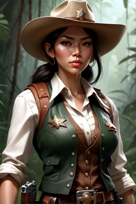araffed woman in a hat and vest holding a gun, a character portrait inspired by leng mei, trending on artstation, fantastic realism, female sheriff, gorgeous jungle ranger, western cowgirl
