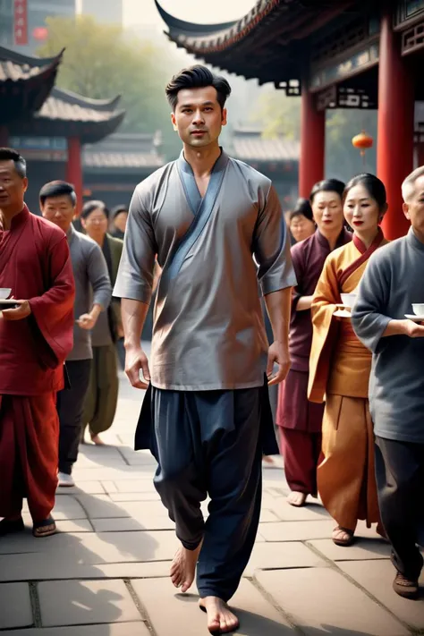 masterpiece of photorealism, photorealistic highly detailed professional 8k raw photography, best hyperrealistic quality, volumetric real-time lighting and shadows, Montage Shot, Male Environmentalist, Athletic Body Shape, Bollywood Film Star Attire, Long Wavy Fringe, Casual Stroll, Traditional Chinese Tea Ceremony Spaces, background full of busy people