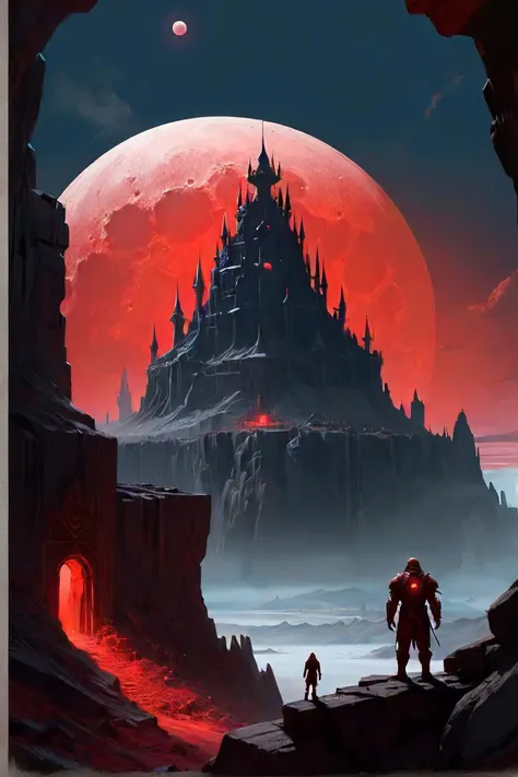 there are two people standing on a rocky hill in front of a castle, kaladesh concept art. mechanical, scarlet red cresent moon, inspired by micha  karcz, architecture carved for a titan, by james paick, inside a futuristic army base, cultists watching, inspired by hans eduard von berlepsch valendas, dark mountains