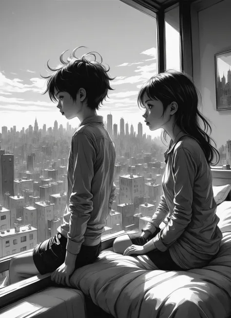 Scratchy pen strokes, blind contour, fisheye perspective close-up, beautiful girl and boy overlook a city from their penthouse apartment, tall windows, view from behind sitting on bed, face in darkness, stark hatch shaded sketchy scribbly, ink, strong angular shapes, woodcut shading, pen strokes, pouty lips, hungry eyes, minimalist realistic, anime proportions, distorted perspective