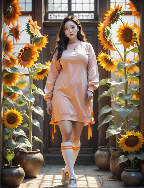 masterpiece of Fashwave, highly detailed professional 8k VRay, best quality, **Dappled Lighting**: Utilizes filtered or broken sunlight, creating a play of light and shadows on the subject, Enhanced high contrast and HDR for optimal image quality, soft focus F/8, Qing Dynasty Romantic Victorian Lady, Plus Size Hourglass: Larger sizes with well-defined waist and balanced proportions, Hunter Blaze Orange Pastel Ribbon Highlights in Loose Waves, Annoyed, Sweatshirt Dress with Thigh-High Socks and Sneakers, stunning creative and insane Sunflower Labyrinths background <lora:Artistic Image Enhancement v1.0:0.5>