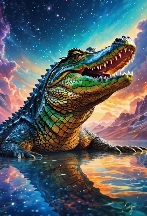 In paper skies, it left its mark, A trail of wonder, a spark in the dark, For in its fragile, crumpled form, Lies the beauty of a dream reborn,( crocodile:1.1),( tessellation:1.6) ,, ((masterpiece, high quality, best quality, 8k, wallpaper, fine lineart, highly detailed, absurdres)), cinematic photo magical style, art style hyperrealistic,vivid colors, intricate details, realistic style, oil paintings, acrylic paintings, watercolor paintings, digital illustrations, mixed media pieces, sculptures casting shadows, cosmic sky, photorealistic, extreme detail,lifelike,crisp,precise. natural materials,outdoor,detailed blend of organic and magical elements,futuristic,legendary,detailed,intricate,skin texture,film,bokeh,professional,4k,highly detailed, in the style of art, colorful, phone wallpaper,