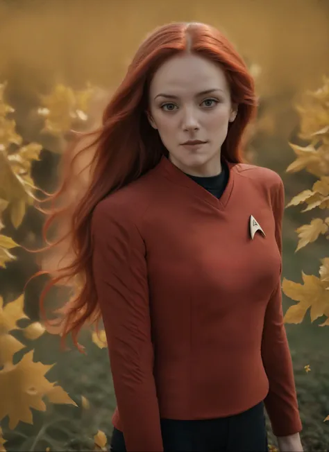 Medium format realistic 8K raw photography, Ultra-realistic 8k CG, masterpiece, best quality, (photorealistic:1.4), absurdres, extremely detailed, real hair, life-like, ((mediaeval setting)), ((fall season, falling leaves)), ((detailed face, freckles)), ((detailed eyes)), beautiful woman with wind-blown long red hair in a field of tall grain, rustic farm, wearing red stsnwunf uniform with black pants, <lora:SNWXLV2:0.8>,(Cool tone palette:1.2), Captured with a Phase One XF IQ4 150MP Camera, 80mm f/2.8 lens, High definition details, Crisp clarity